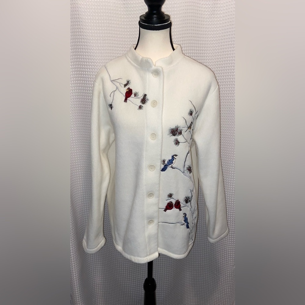 CLASSIC EDITIONS cream Fleece birds embroidery Vintage Cardigan sz‎ medium